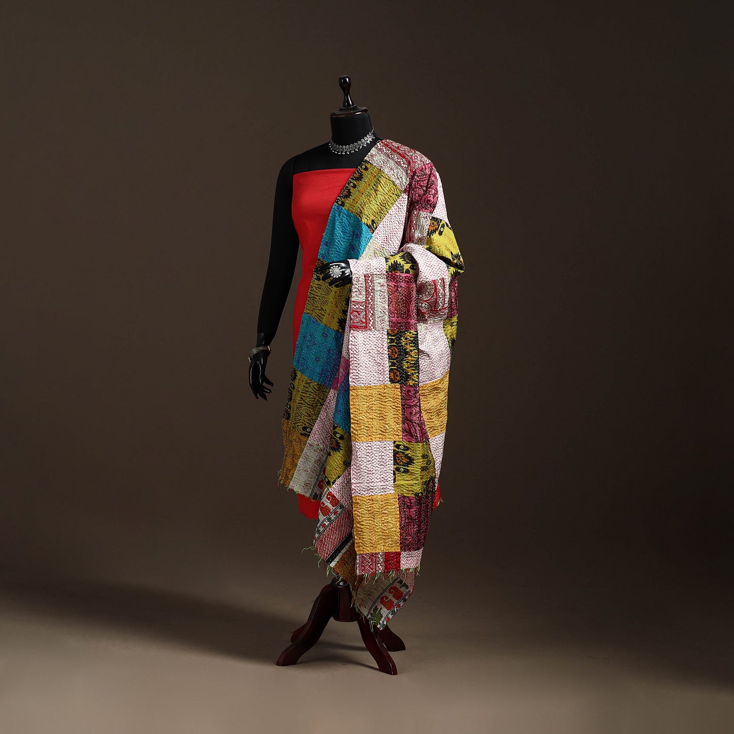 Multicolor - Bengal Hand Embroidery Patchwork Reversible Silk Kantha Dupatta 01