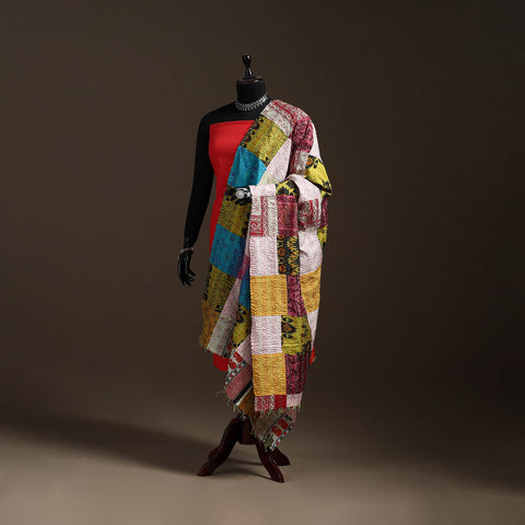 Multicolor - Bengal Hand Embroidery Patchwork Reversible Silk Kantha Dupatta 01