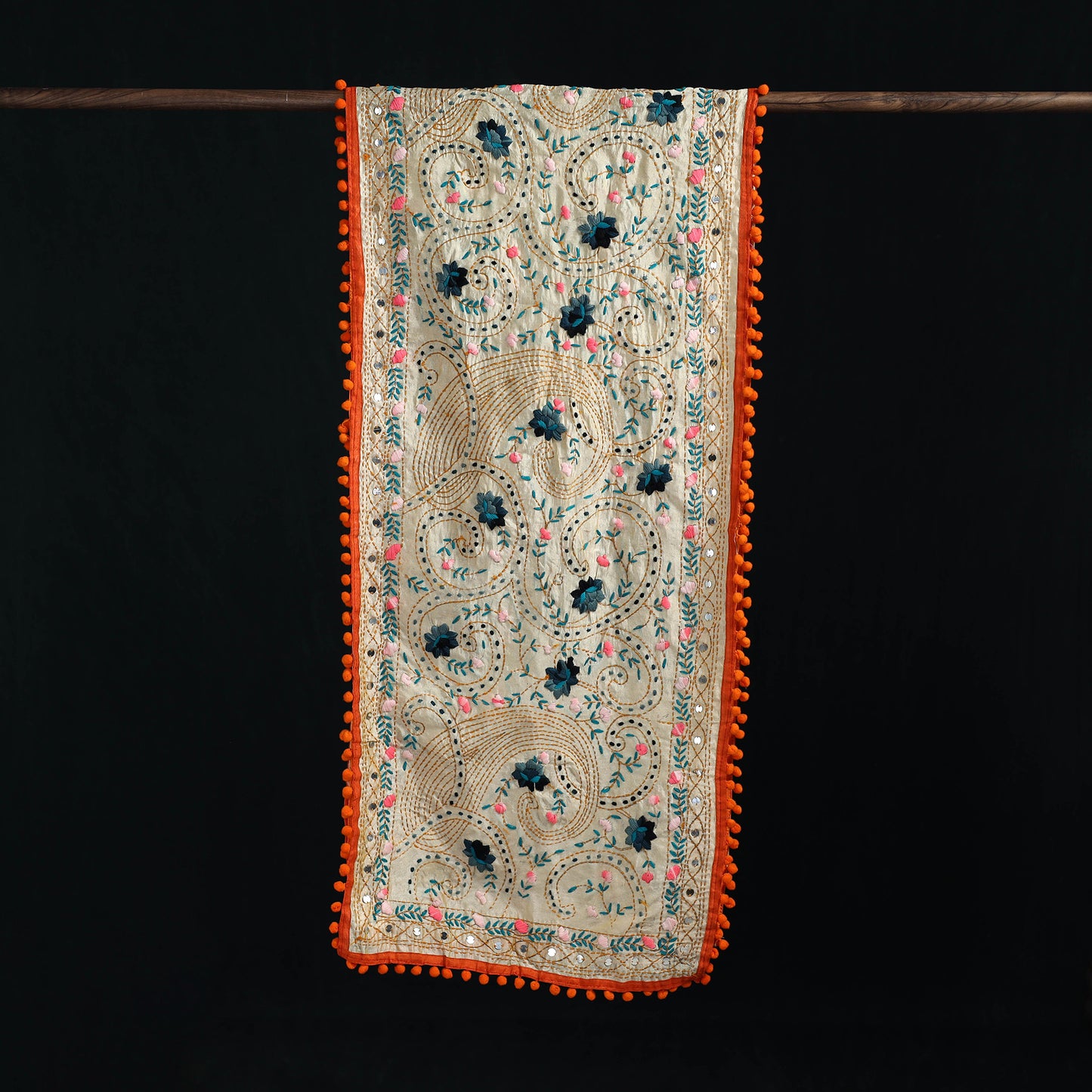 Ranihati Chanderi Silk Hand Embroidered Stole with Pom Pom 178