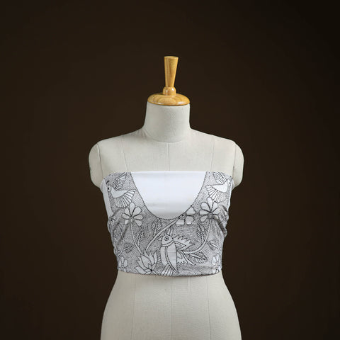 White - Bengal Kantha Hand Embroidered Cotton Blouse Piece 58