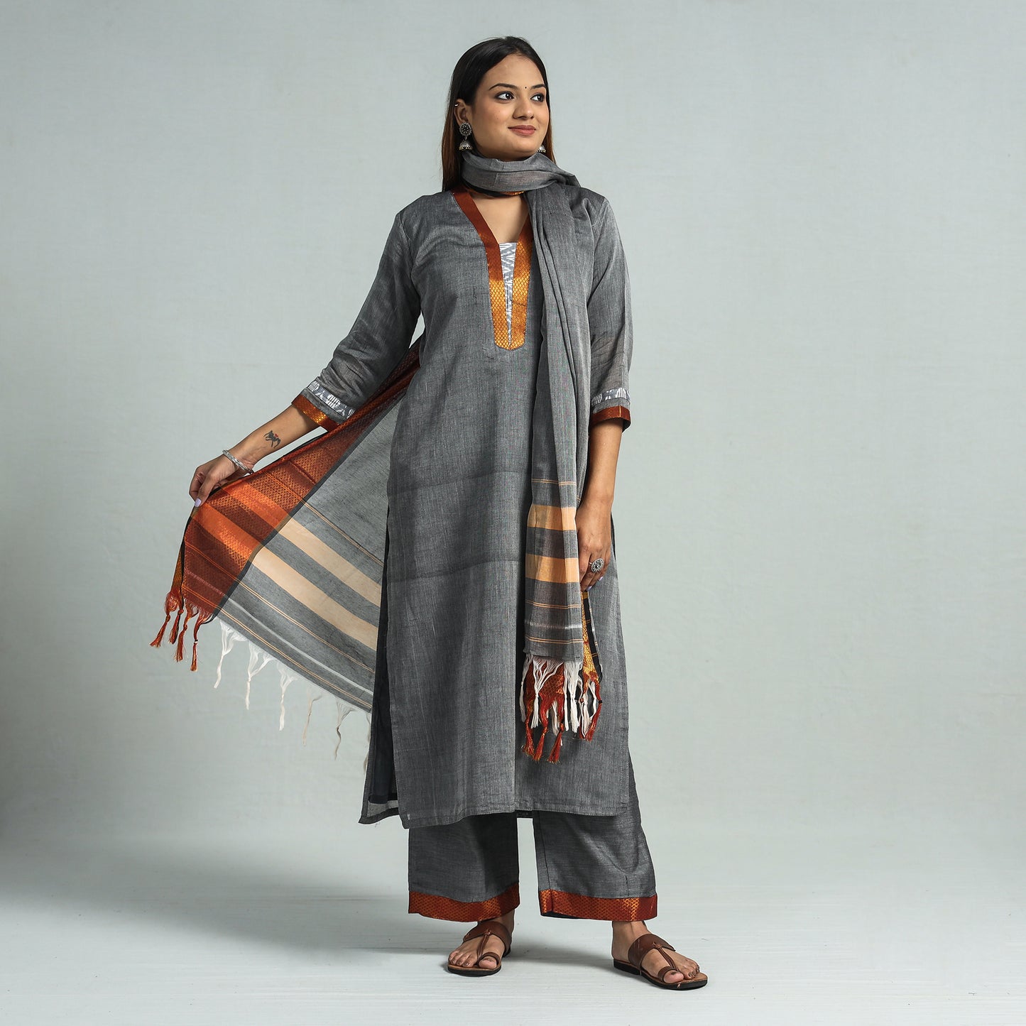 Grey - Dharwad Cotton Kurta with Palazzo & Dupatta Set