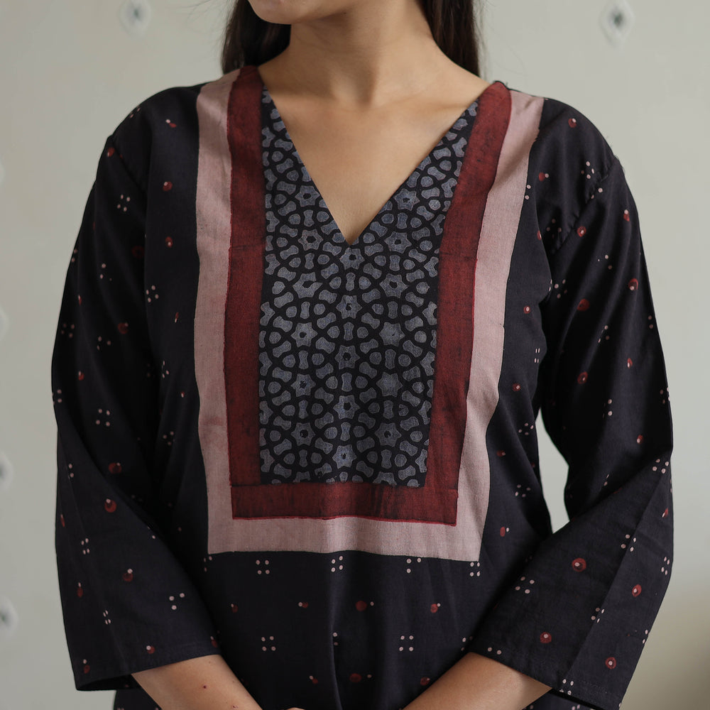 Black - Block Printed Cotton Ajrakh Kurta Set 01