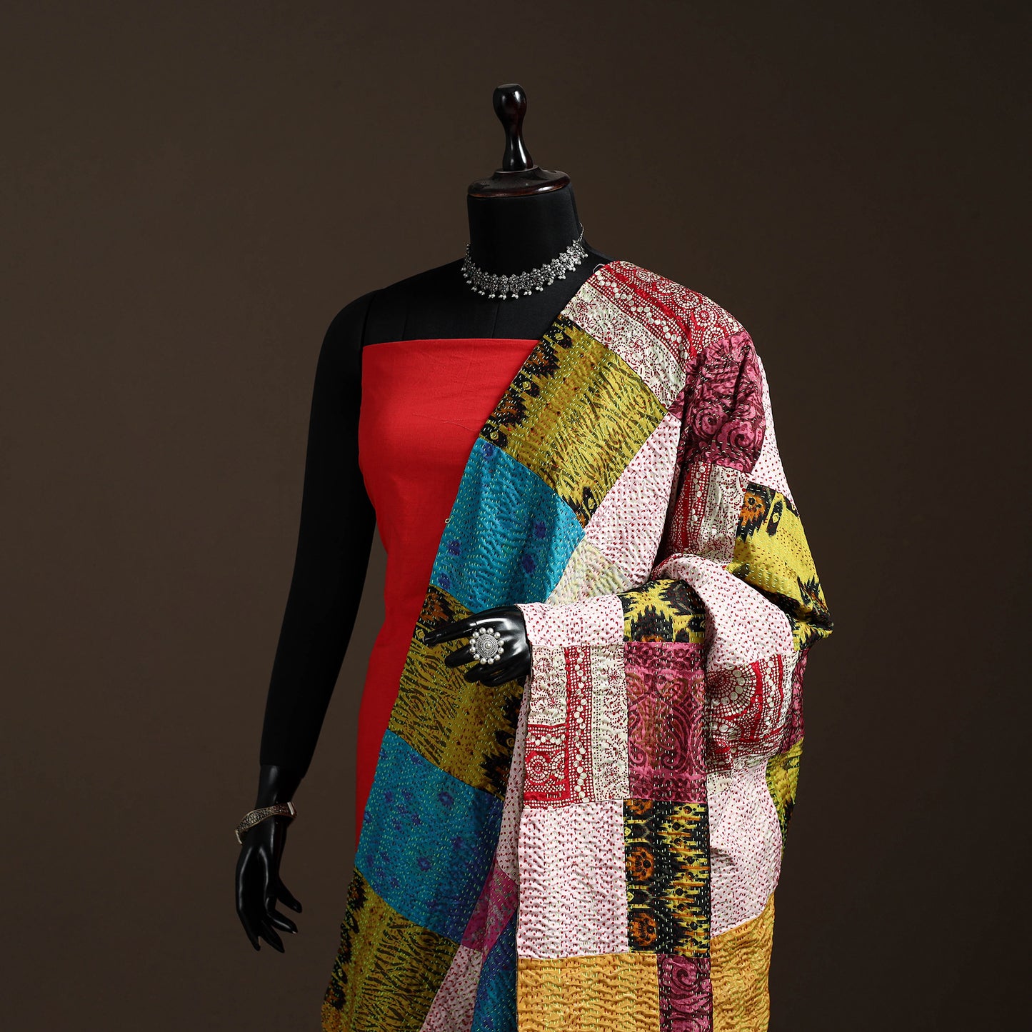 Multicolor - Bengal Hand Embroidery Patchwork Reversible Silk Kantha Dupatta 01