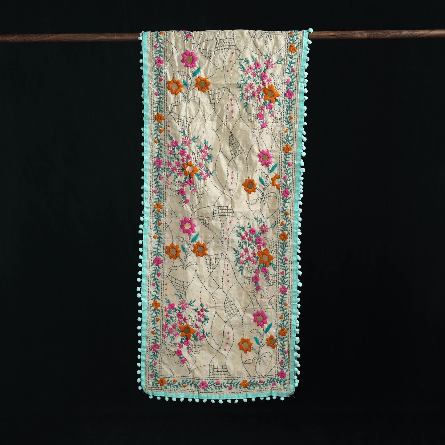 Ranihati Chanderi Silk Hand Embroidered Stole with Pom Pom 177