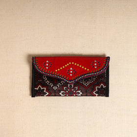 Brown - Traditional Kutch Mashru Silk Leather Flap Clutch / Wallet 114