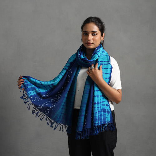 Blue - Kutch Handwoven Bandhani & Shibori Woolen Stole 32