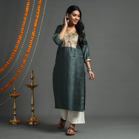 Green - Plain Tussar Silk Handloom Banarasi Patchwork Straight Kurta
