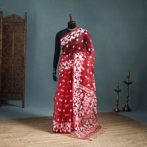 Red - Bengal Pure Muslin Handloom Jamdani Saree 33