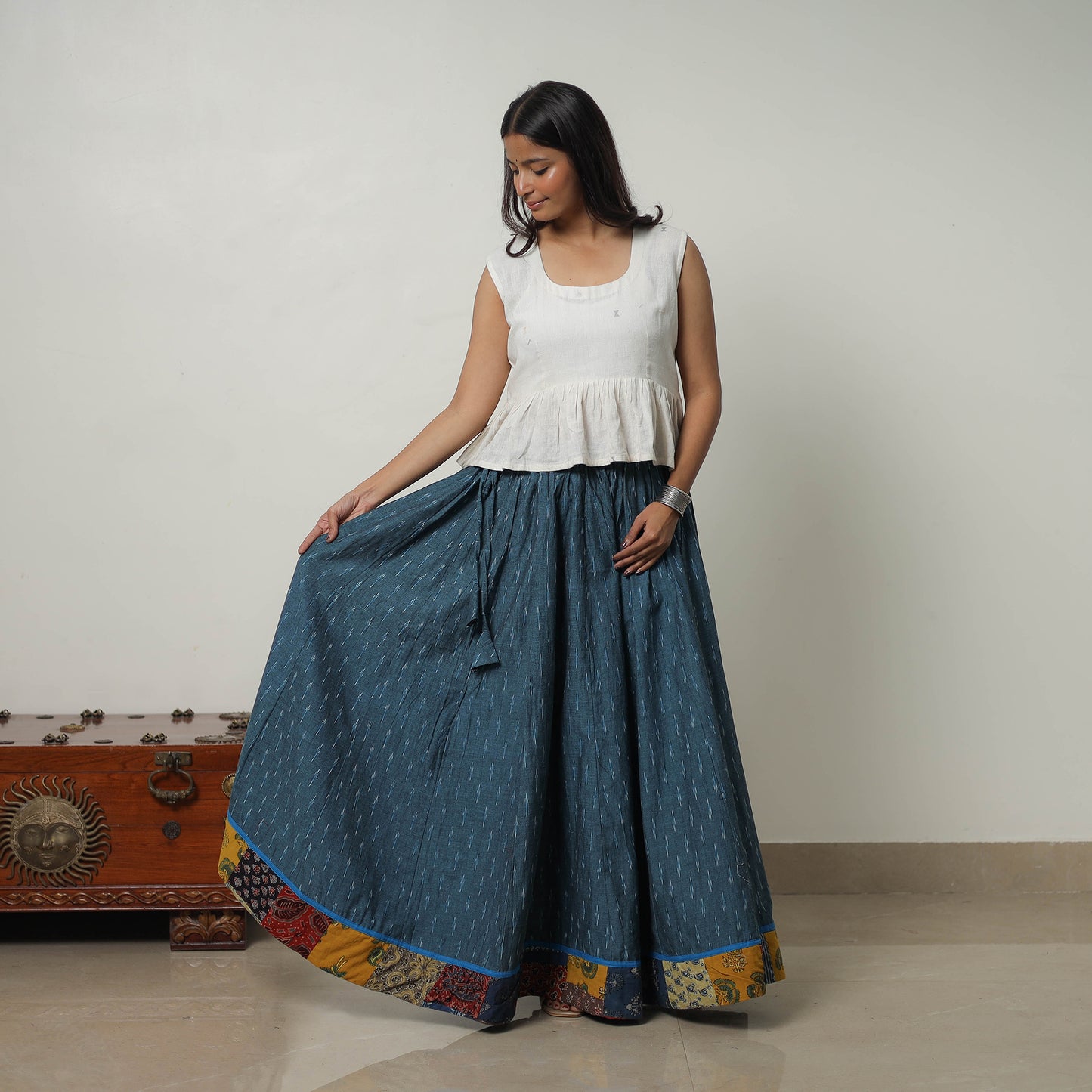 Green - 24 Kali Cotton Pochampally Ikat Skirt with Border 27