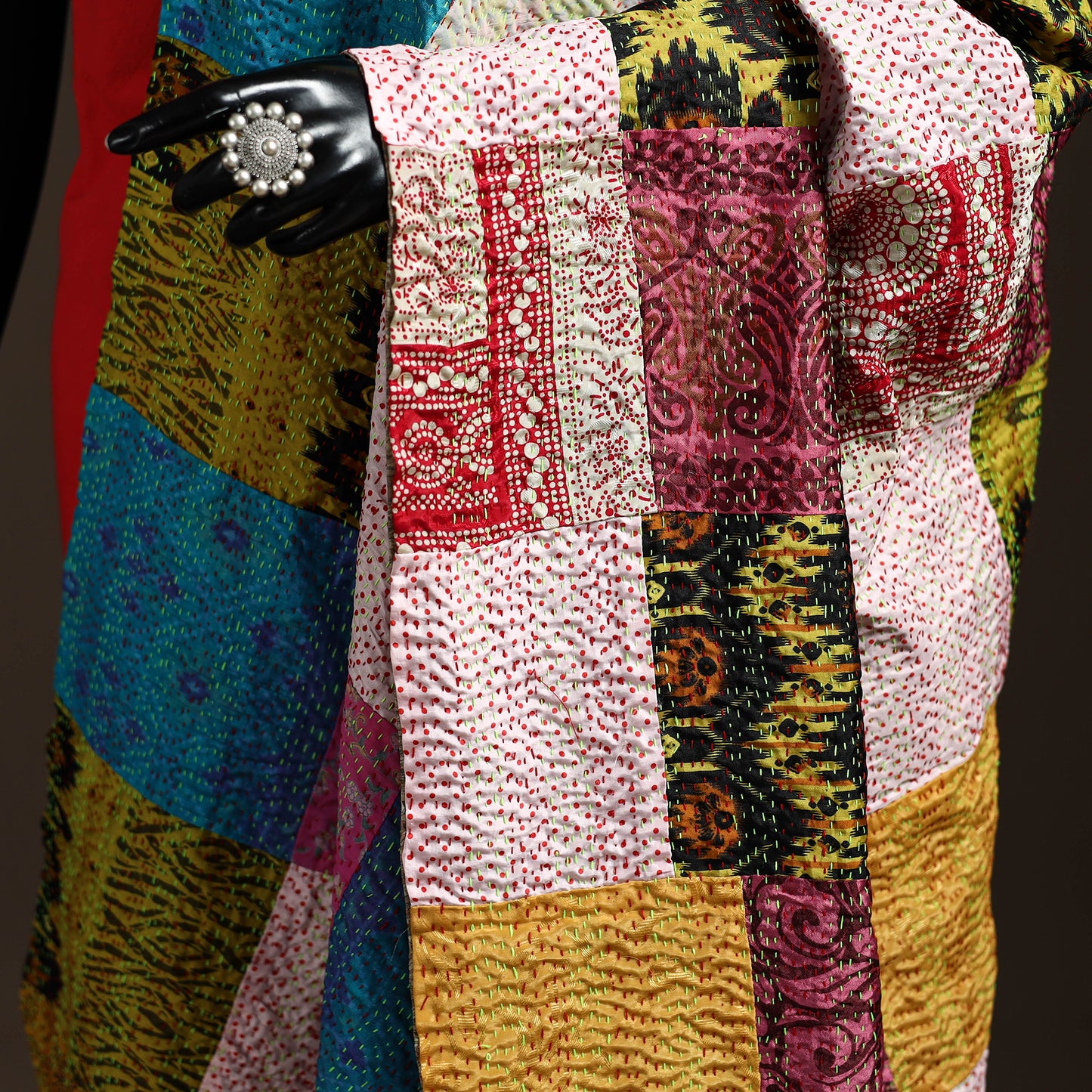 Multicolor - Bengal Hand Embroidery Patchwork Reversible Silk Kantha Dupatta 01