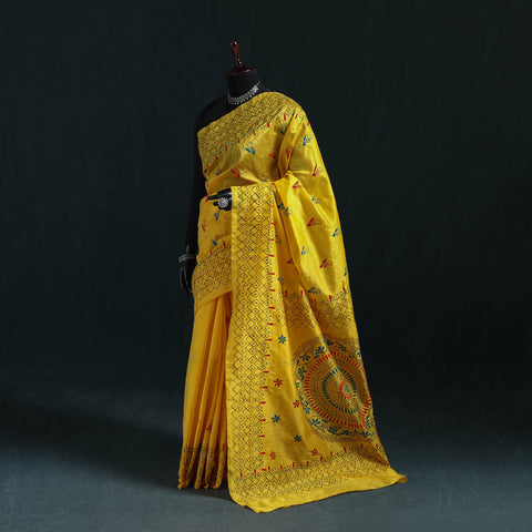 Yellow - Bengal Hand Embroidery Silk Nakshi Kantha Saree 12
