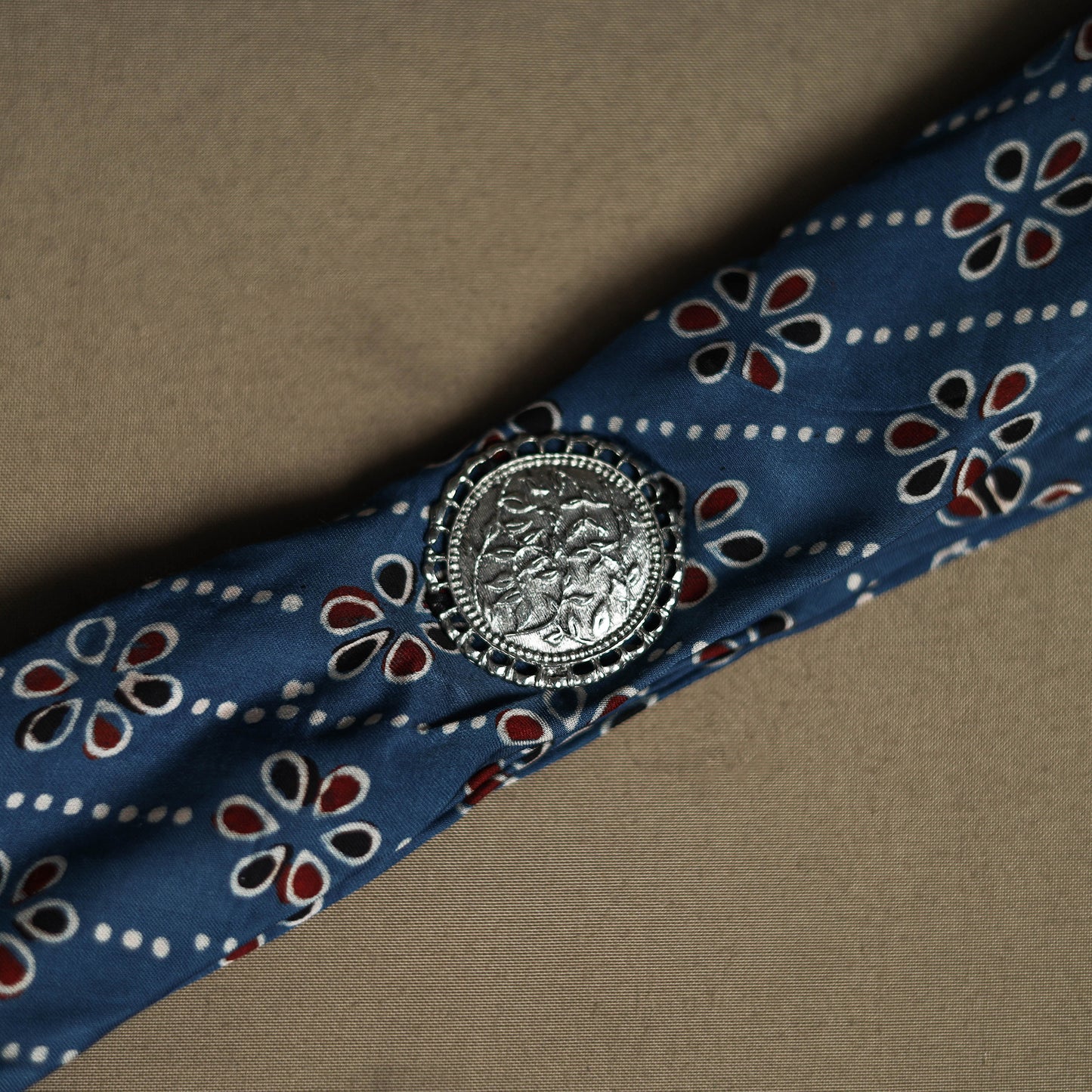 Ajrakh Hand Block Print Natural Dyed Modal Silk Brooch Scarf 05