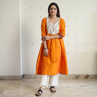 Orange - Plain Slub Silk Long A-Line Kurta with Ikat Patchwork 41