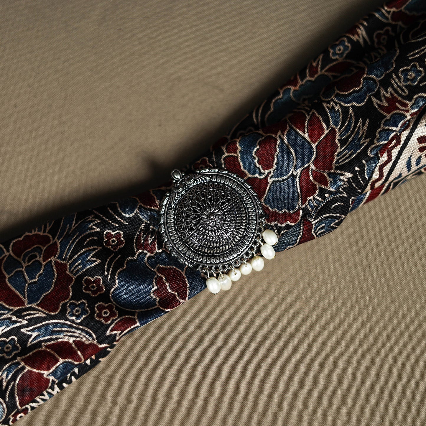 Ajrakh Hand Block Print Natural Dyed Modal Silk Brooch Scarf 06