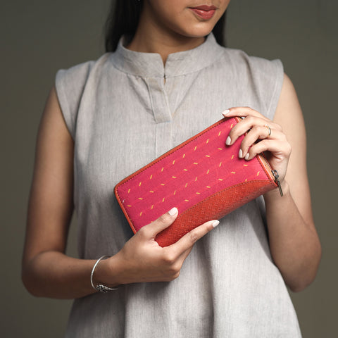 Pink - Handcrafted Jacquard Weave Leather Wallet