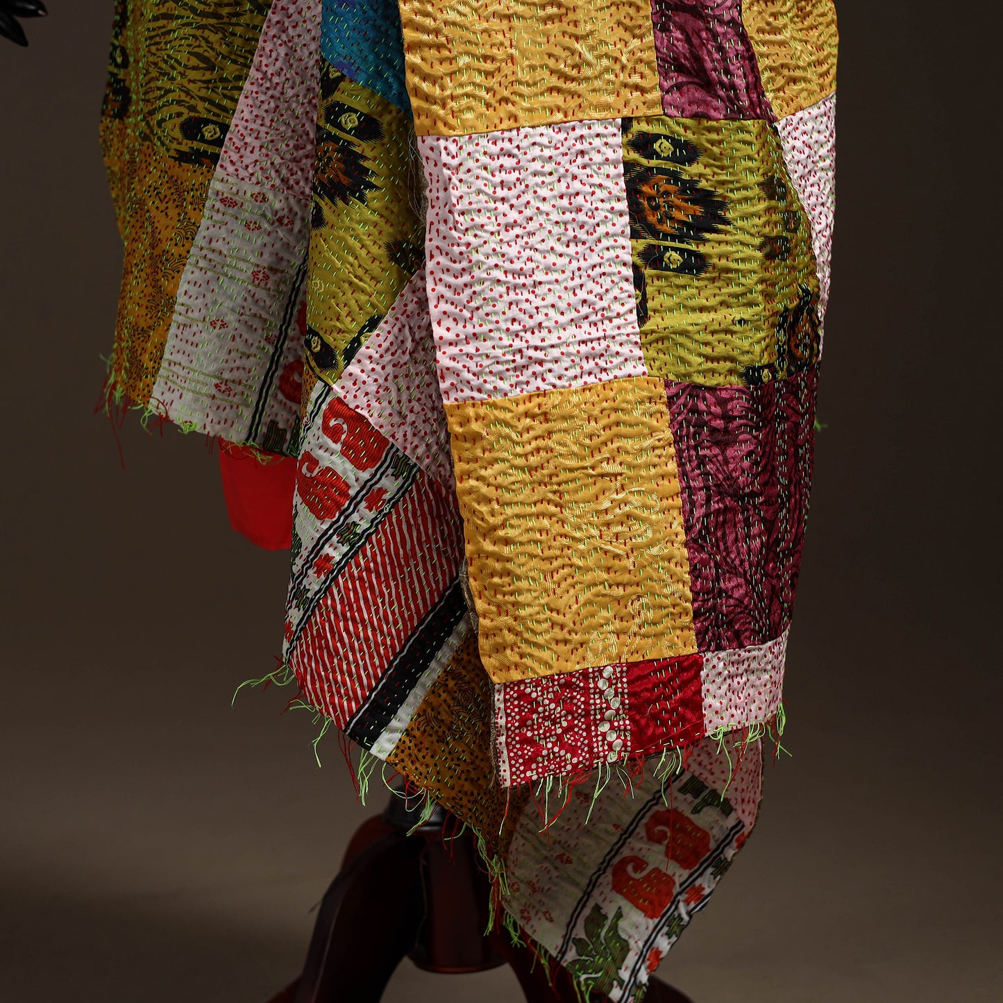 Multicolor - Bengal Hand Embroidery Patchwork Reversible Silk Kantha Dupatta 01