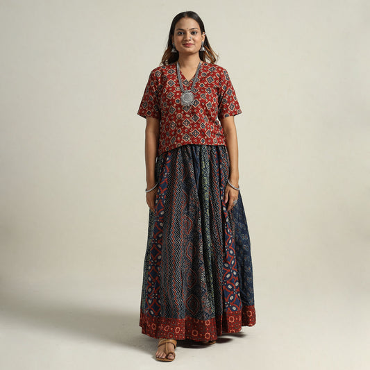 Multicolor - Ajrakh Block Printed 24 Kali Patchwork Cotton Long Skirt 77