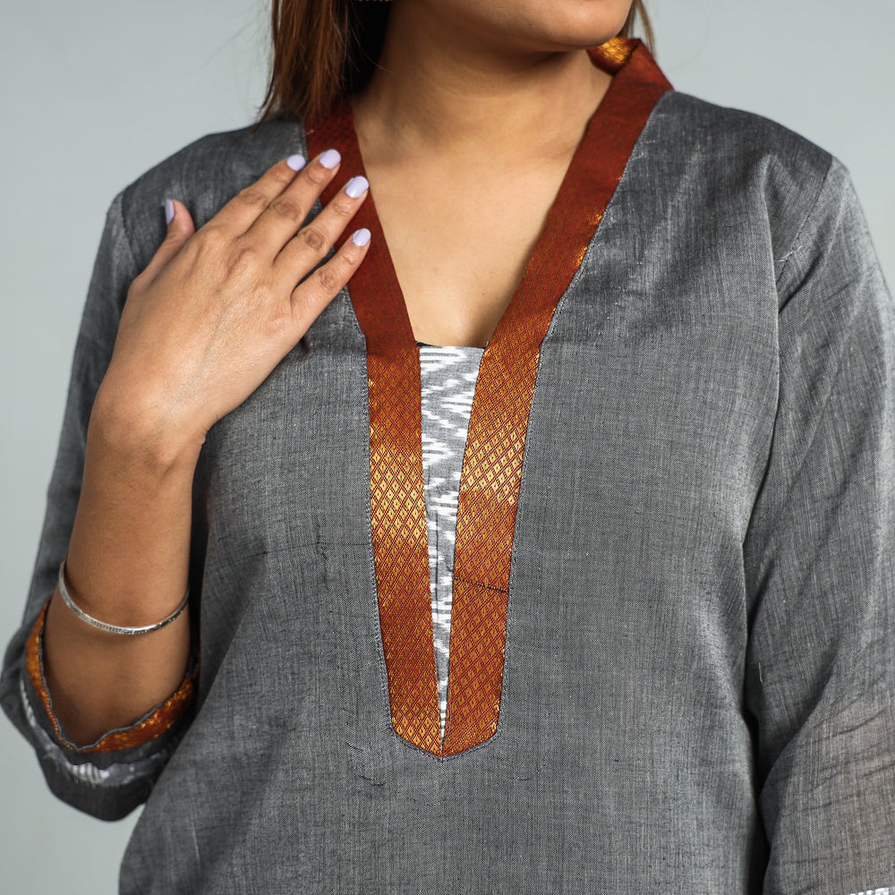 Grey - Dharwad Cotton Kurta with Palazzo & Dupatta Set