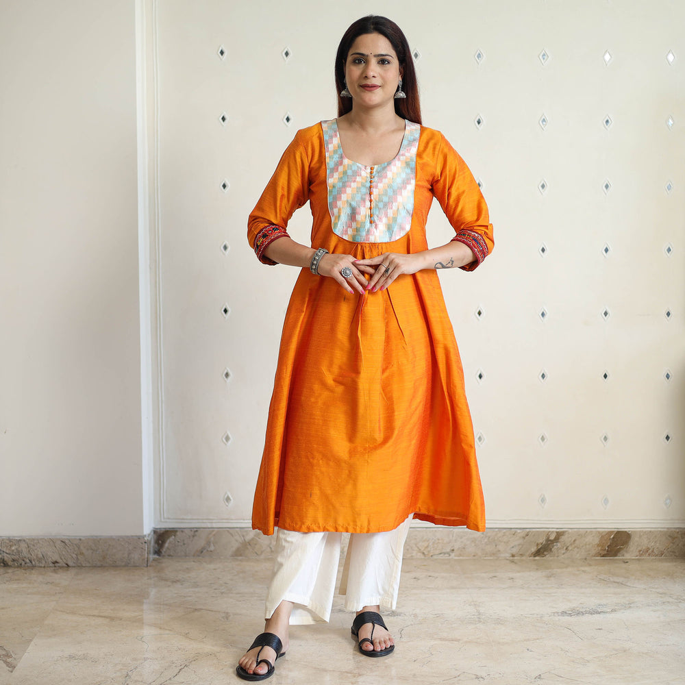 Orange - Plain Slub Silk Long A-Line Kurta with Ikat Patchwork 41