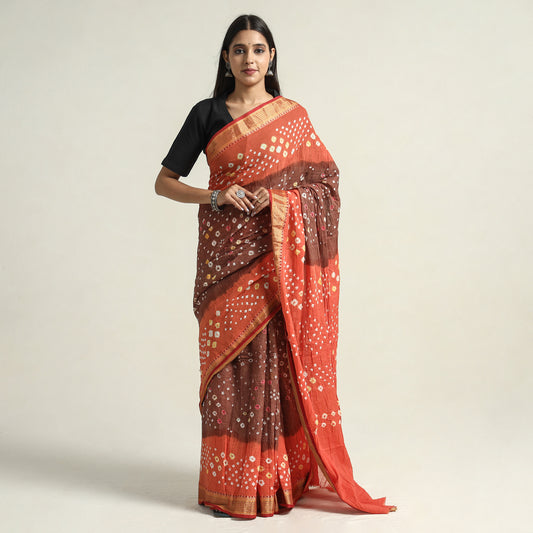 Orange - Kutch Bandhani Tie-Dye Cotton Saree with Blouse Piece