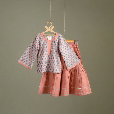 Girls Gota Work Floral Block Print Cotton Kurta with Sharara Set (3-4 Years) 27
