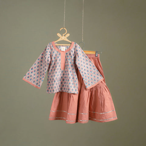 Girls Gota Work Floral Block Print Cotton Kurta with Sharara Set (3-4 Years) 27