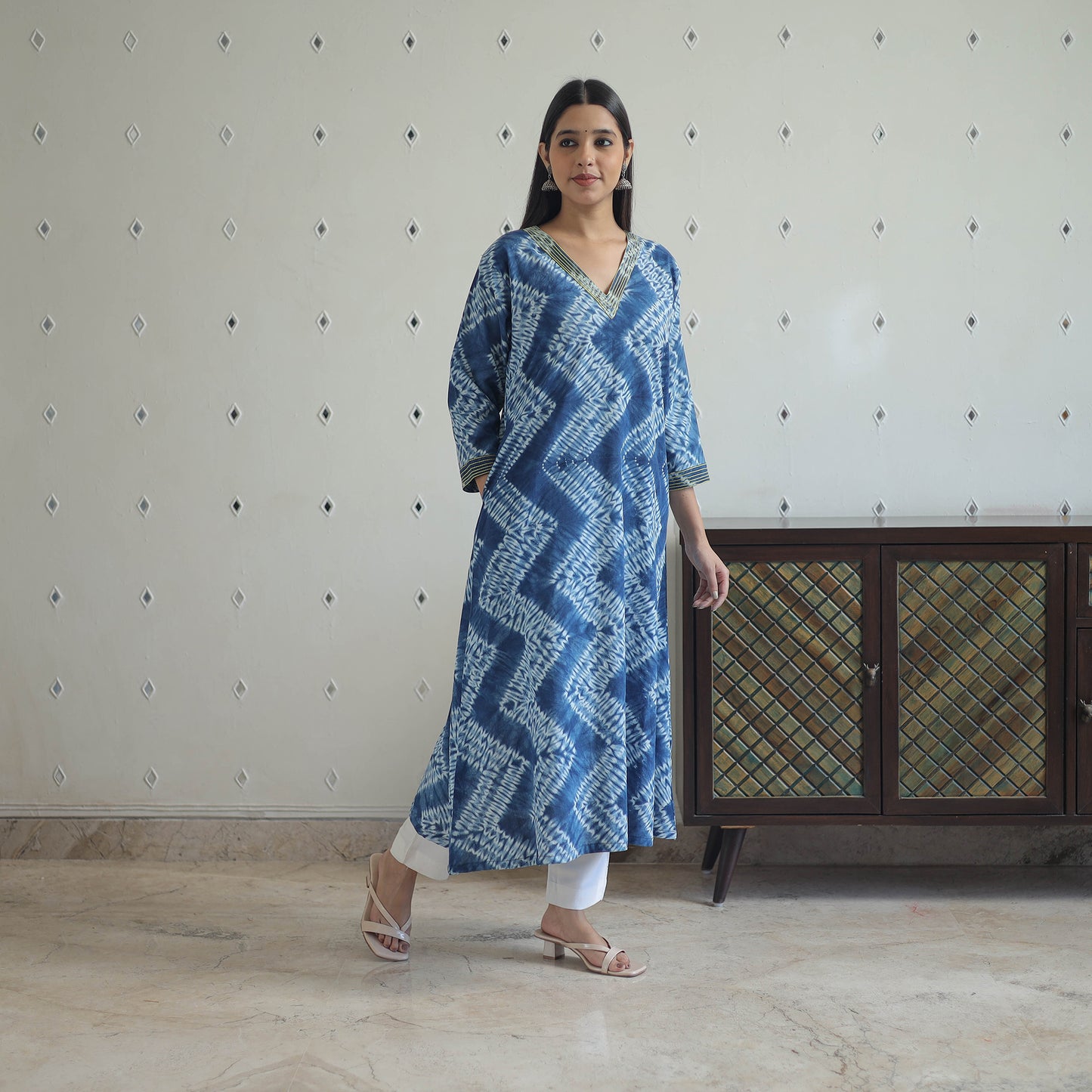 Blue - A-Line Tie & Dye Cotton Shibori Kurta 01