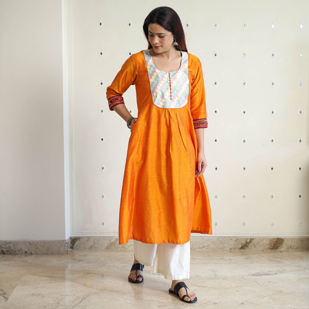 Orange - Plain Slub Silk Long A-Line Kurta with Ikat Patchwork 41