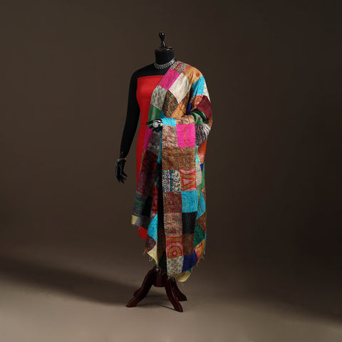 Bengal Hand Embroidery Patchwork Reversible Silk Kantha Dupatta 02