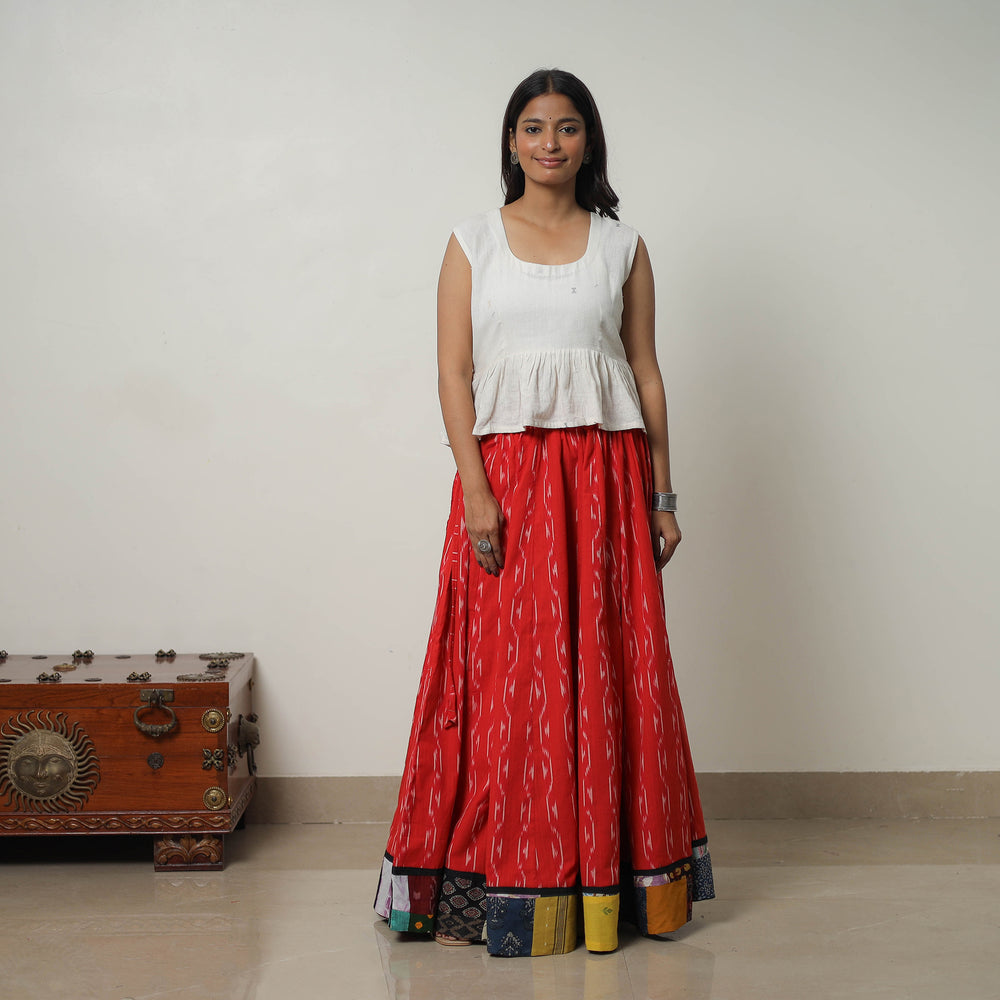 Red - 24 Kali Cotton Pochampally Ikat Skirt with Border 28