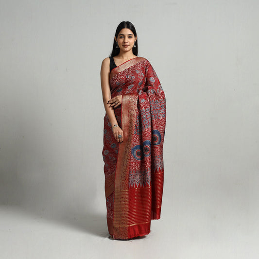 Natural Dyed Hand Block Print Dola Silk Ajrakh Saree 08