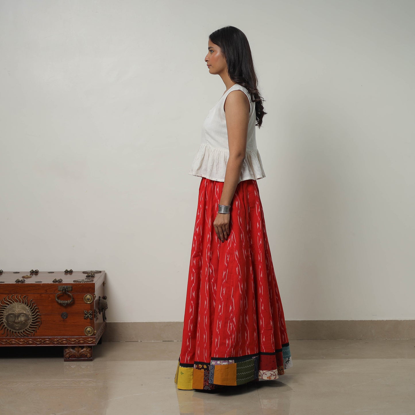 Red - 24 Kali Cotton Pochampally Ikat Skirt with Border 28