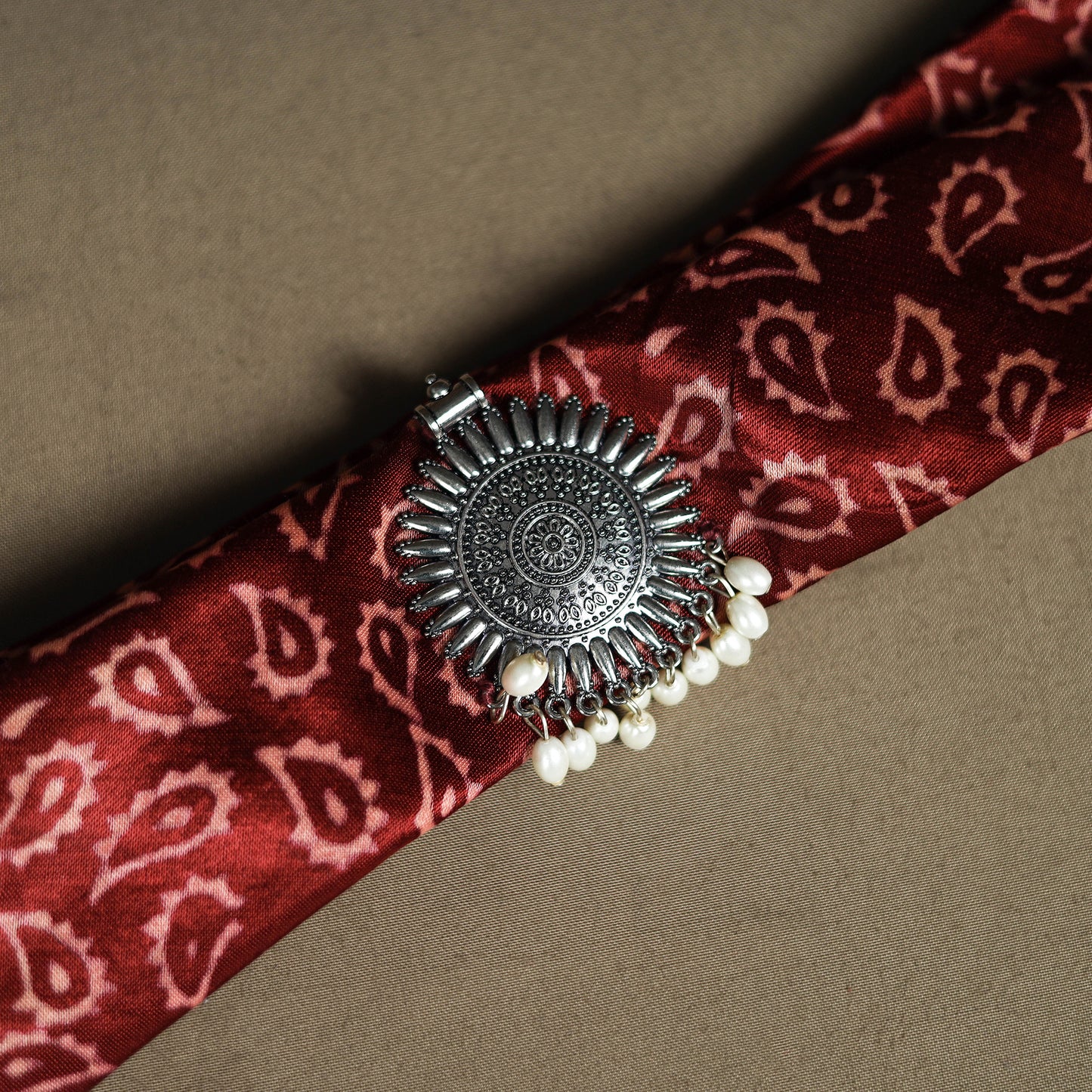 Ajrakh Hand Block Print Natural Dyed Modal Silk Brooch Scarf 09
