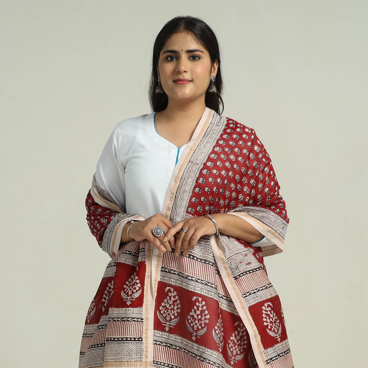 Red - Traditional Maheshwari Silk Bagh Print Dupatta 34