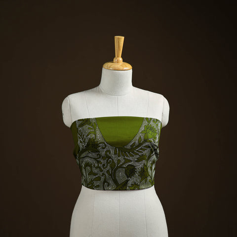 Green - Bengal Kantha Hand Embroidered Cotton Blouse Piece 65