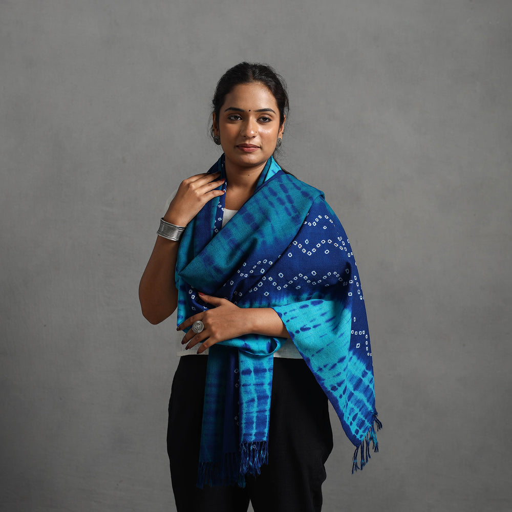 Blue - Kutch Handwoven Bandhani & Shibori Woolen Stole 32