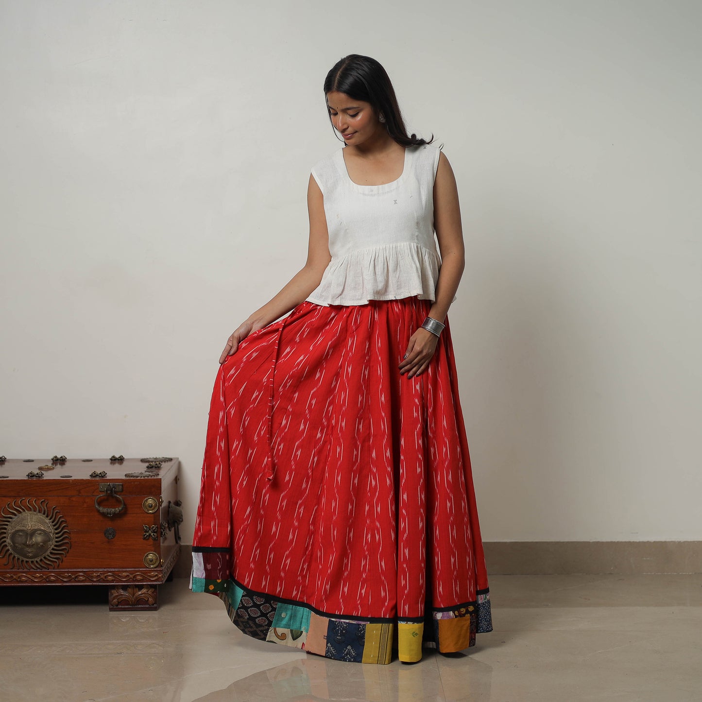 Red - 24 Kali Cotton Pochampally Ikat Skirt with Border 28