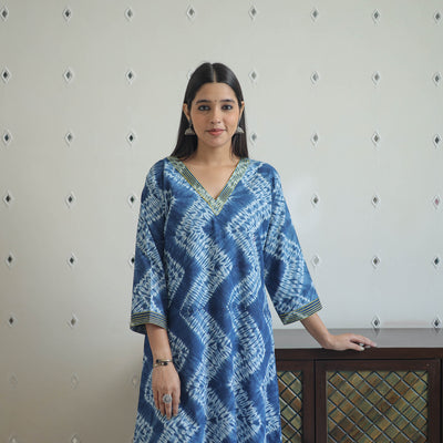 Blue - A-Line Tie & Dye Cotton Shibori Kurta 01