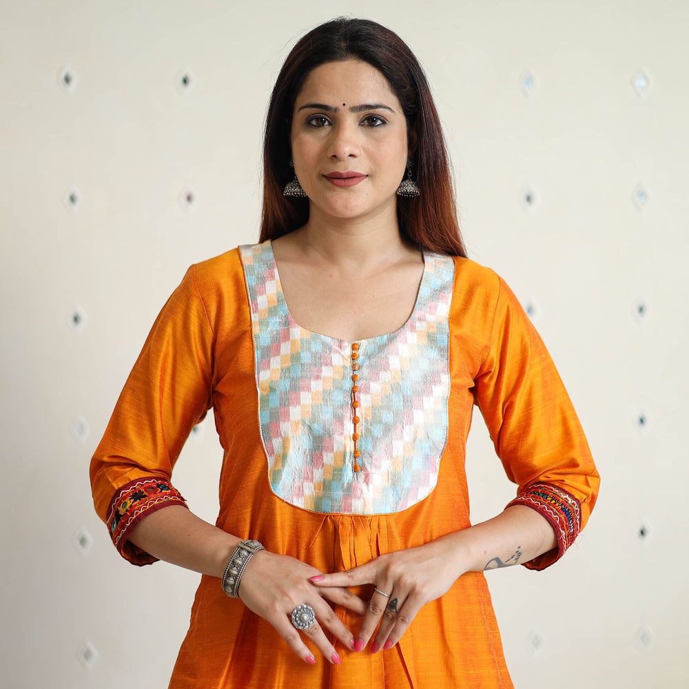 Orange - Plain Slub Silk Long A-Line Kurta with Ikat Patchwork 41