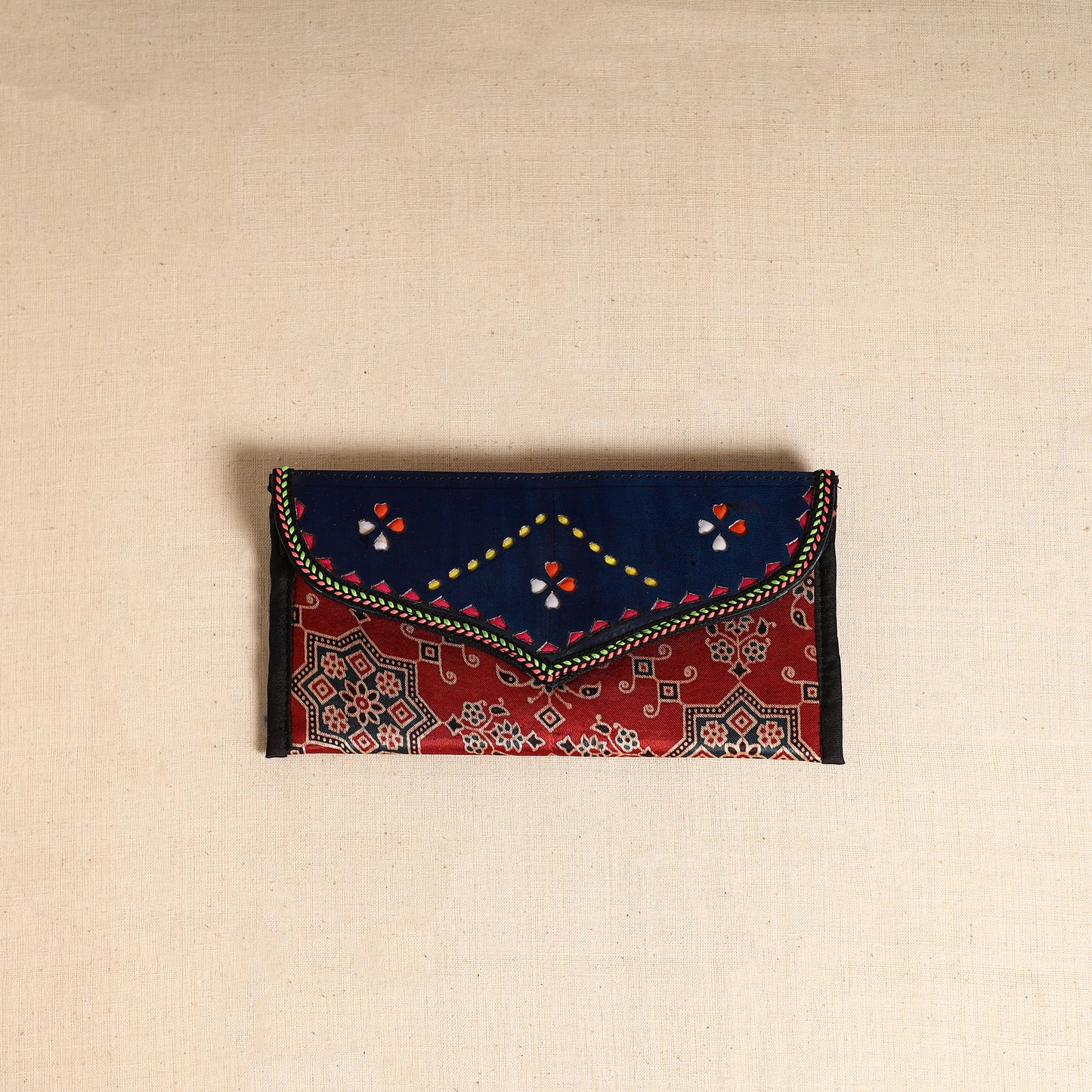 Traditional Kutch Mashru Silk Leather Flap Clutch / Wallet 107
