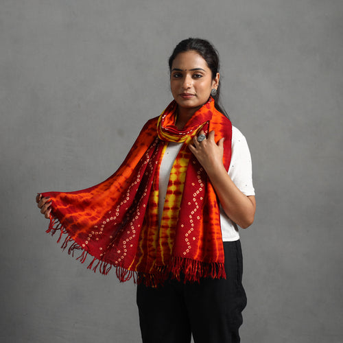 Orange - Kutch Handwoven Bandhani & Shibori Woolen Stole 33