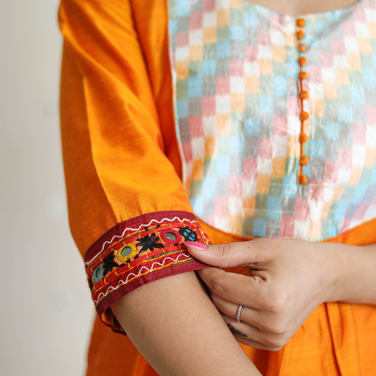 Orange - Plain Slub Silk Long A-Line Kurta with Ikat Patchwork 41