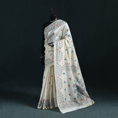 White - Bengal Hand Embroidery Silk Nakshi Kantha Saree 13