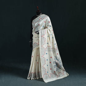 White - Bengal Hand Embroidery Silk Nakshi Kantha Saree 13