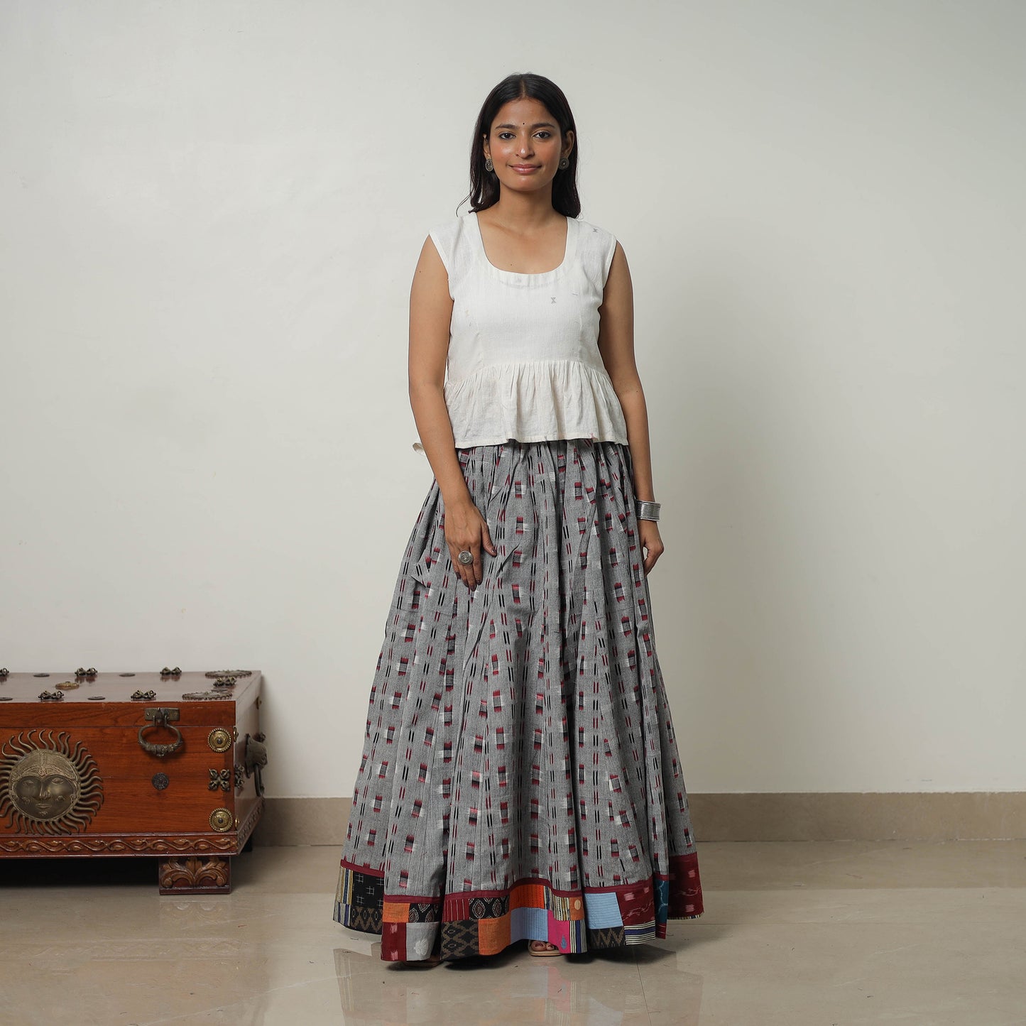 Grey - 24 Kali Cotton Pochampally Ikat Skirt with Border 29