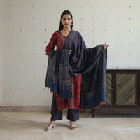 Red - Block Printed Cotton Ajrakh Kurta Set 04