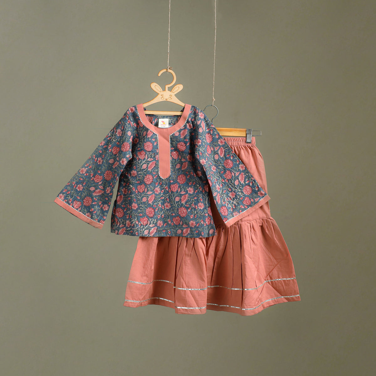 Girls Gota Work Floral Block Print Cotton Kurta with Sharara Set (3-4 Years) 28