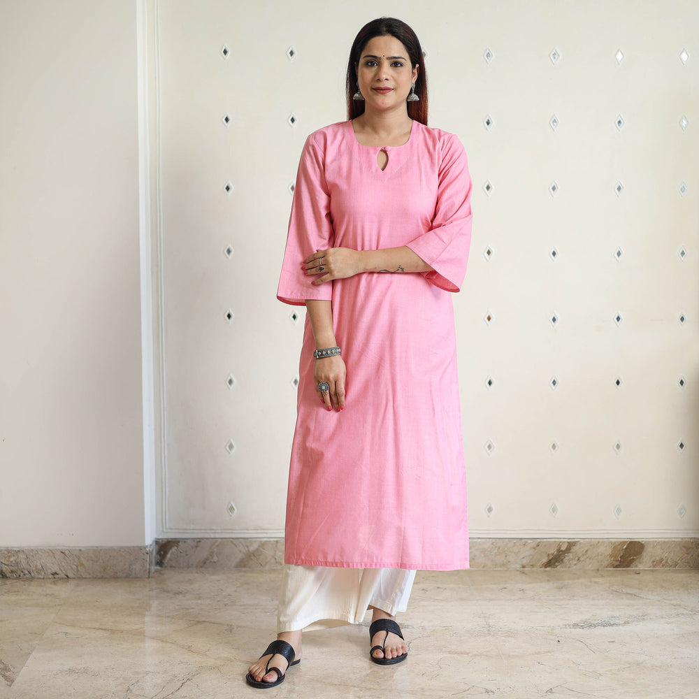 Light Pink - Linen Viscose Plain Long Straight Kurta 42