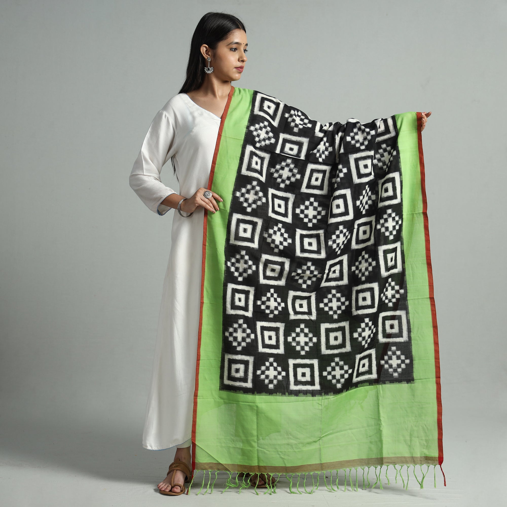 Black Pochampally Double Ikat Cotton Handloom Dupatta with Tassels 68