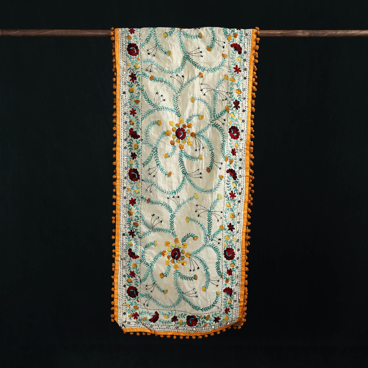 Ranihati Chanderi Silk Hand Embroidered Stole with Pom Pom 167